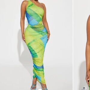 Fashion Nova Vibrant One-Shoulder Dress in Green and Blue